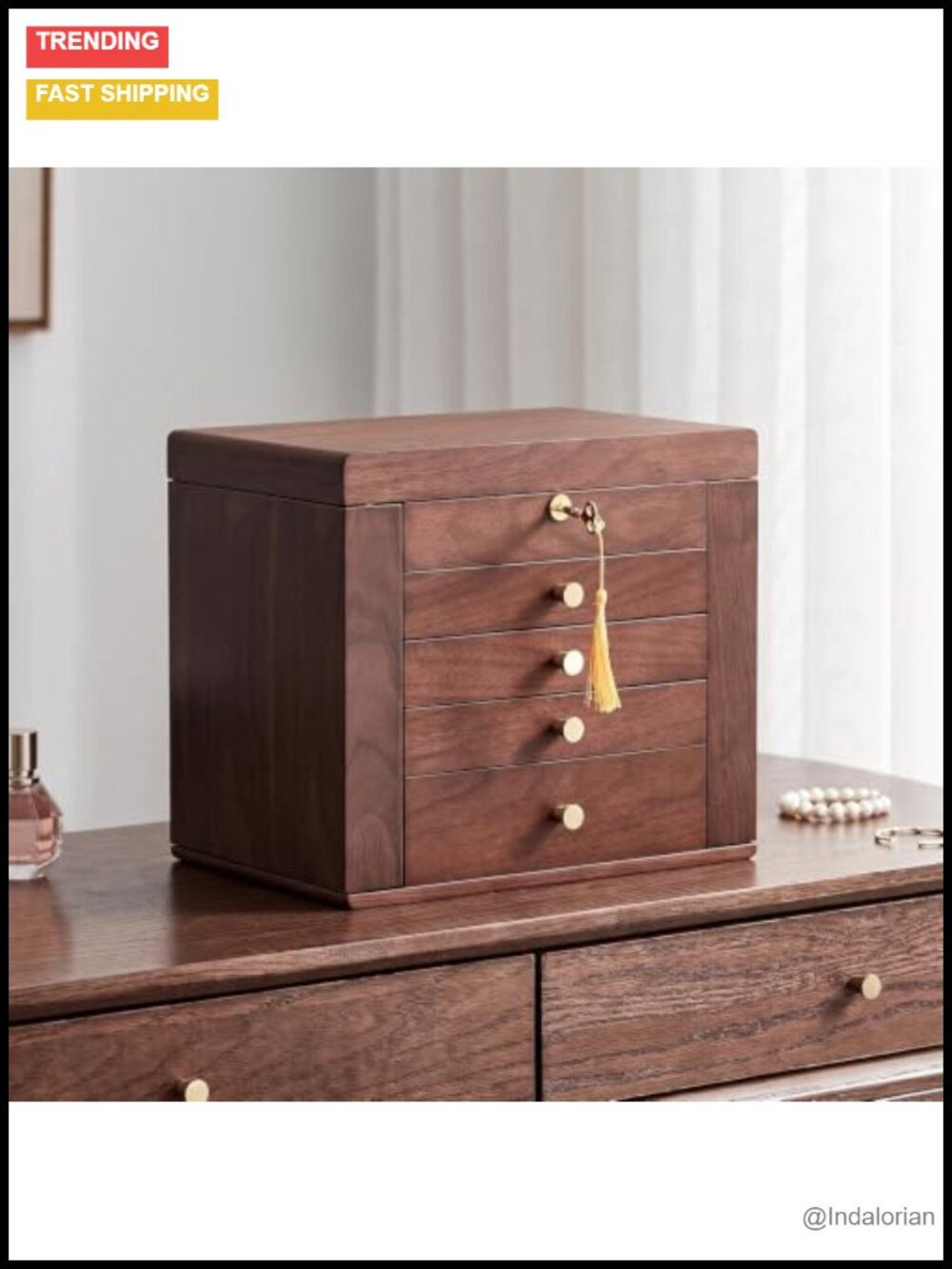 5 Tier Black Walnut Wooden Jewelry Box Organizer with Lock Mirror Velvet Lining
